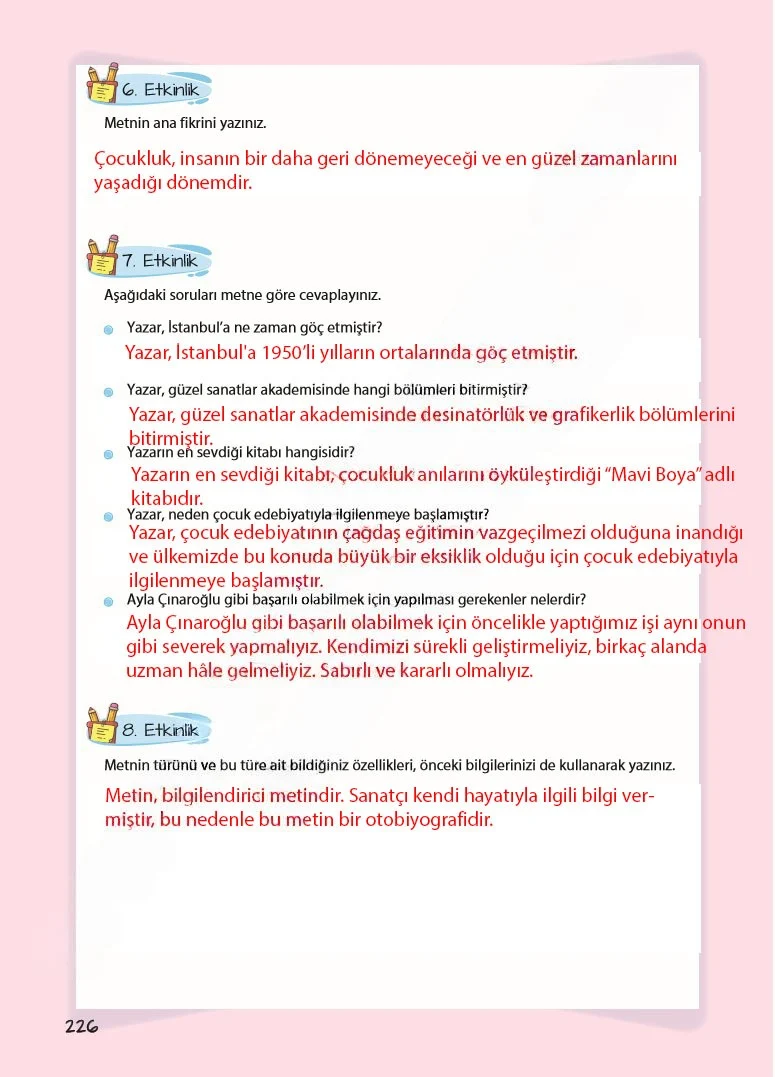 5. Sınıf Türkçe Ders Kitabı Cevapları Koza Yayınları Sayfa 226 Çözüm Görseli