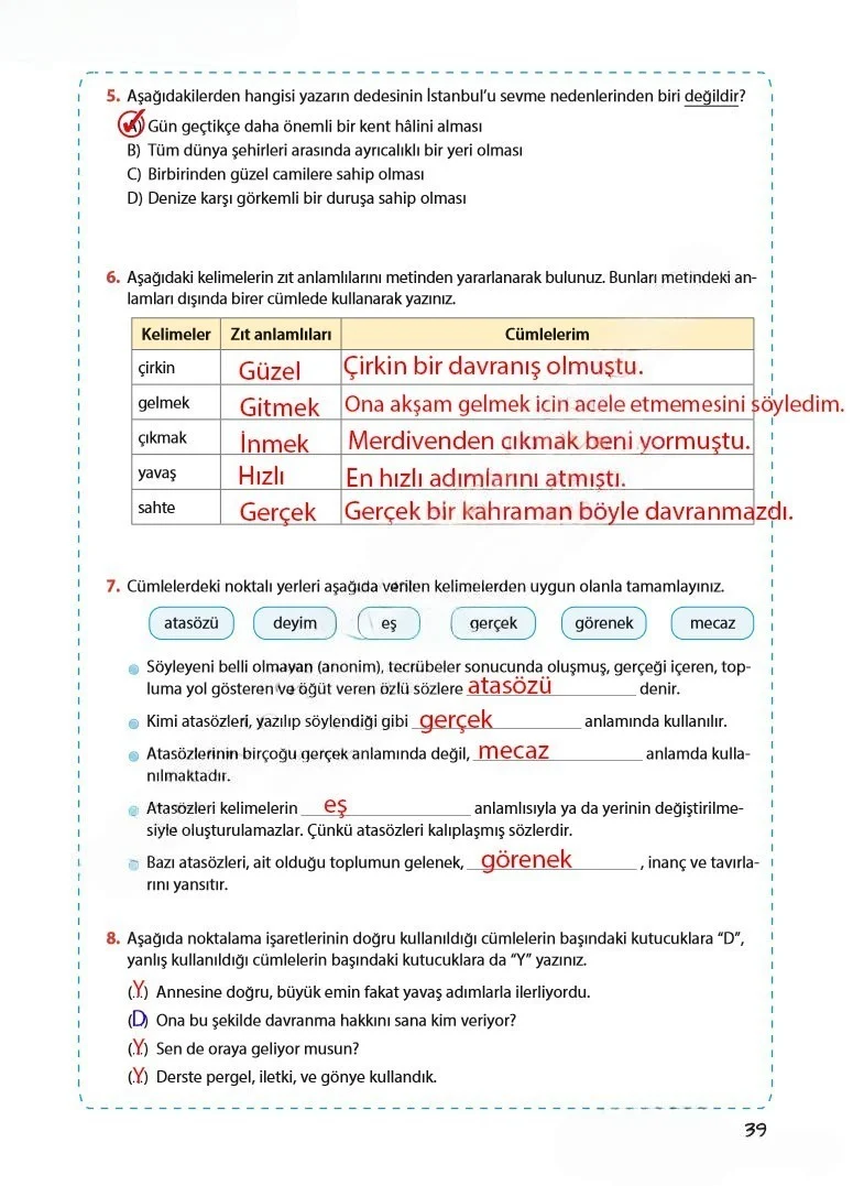 5. Sınıf Türkçe Ders Kitabı Cevapları Koza Yayınları Sayfa 39 Çözüm Görseli