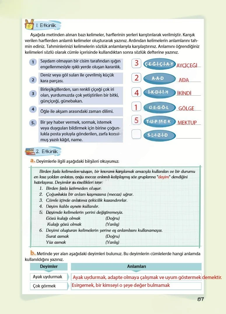 5. Sınıf Türkçe Ders Kitabı Cevapları Koza Yayınları Sayfa 87 Çözüm Görseli