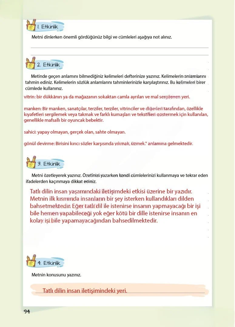 5. Sınıf Türkçe Ders Kitabı Cevapları Koza Yayınları Sayfa 94 Çözüm Görseli