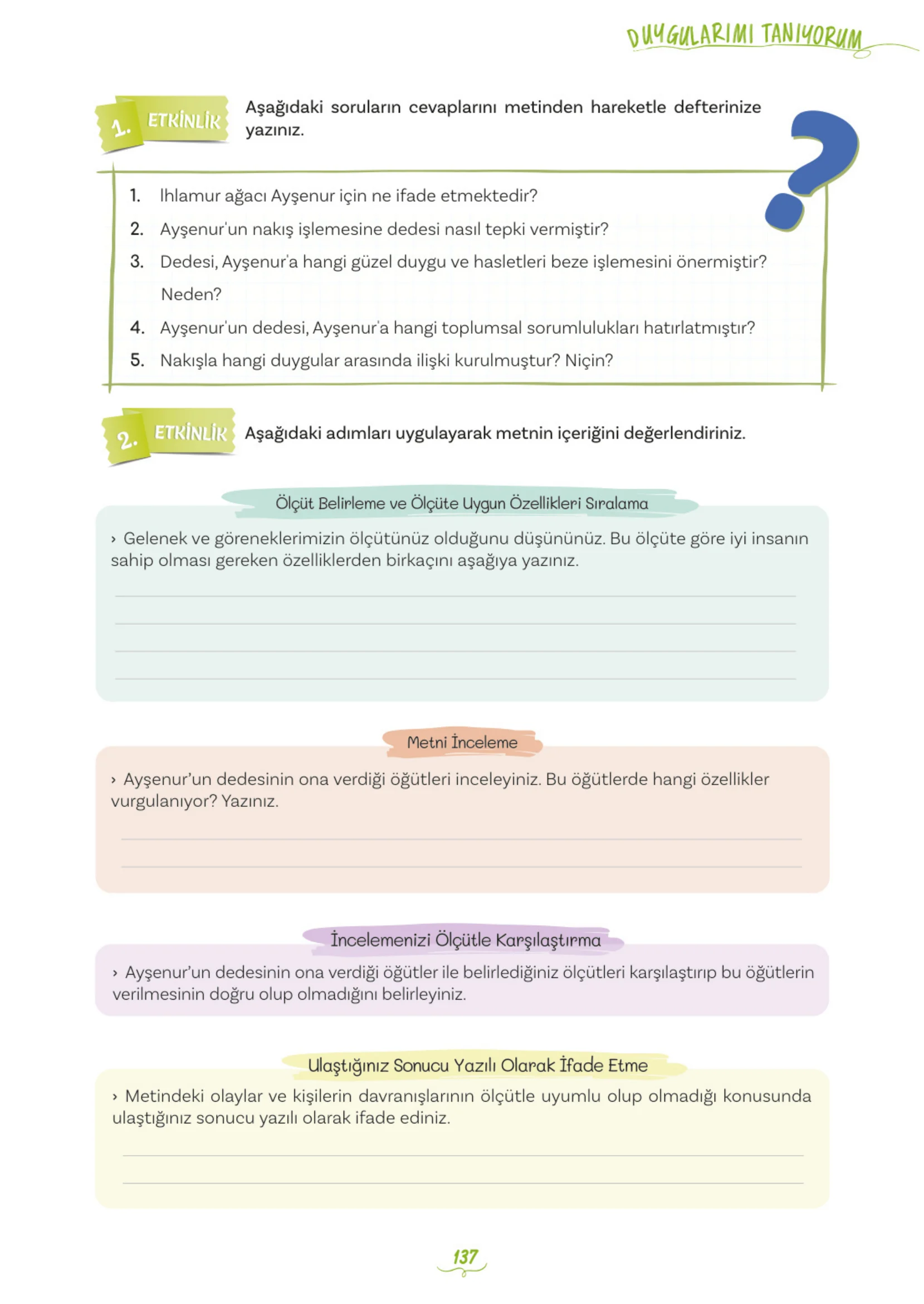5. Sınıf Türkçe Ders Kitabı Cevapları Meb Yayınları 1. Kitap Sayfa 137