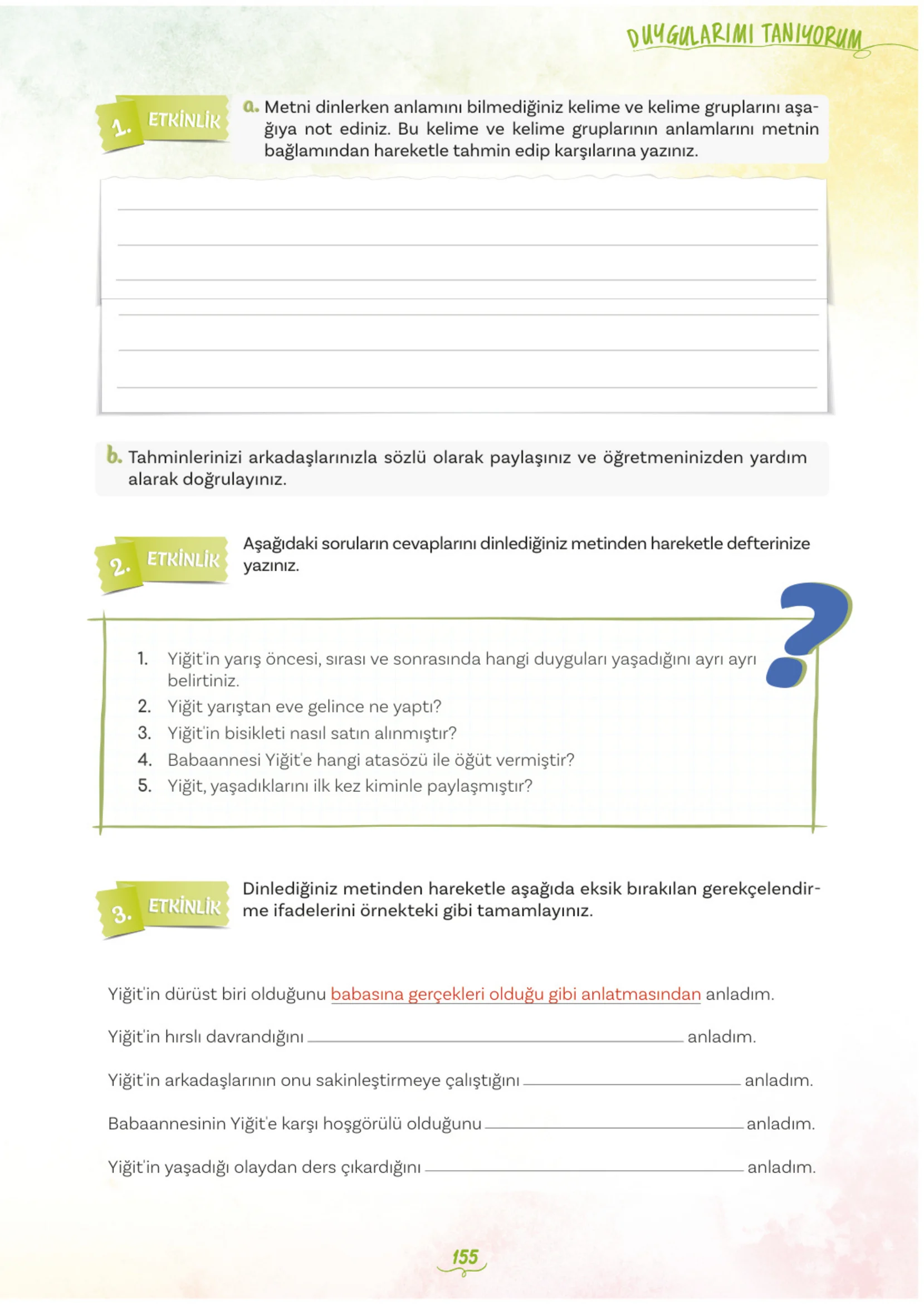 5. Sınıf Türkçe Ders Kitabı Cevapları Meb Yayınları 1. Kitap Sayfa 155