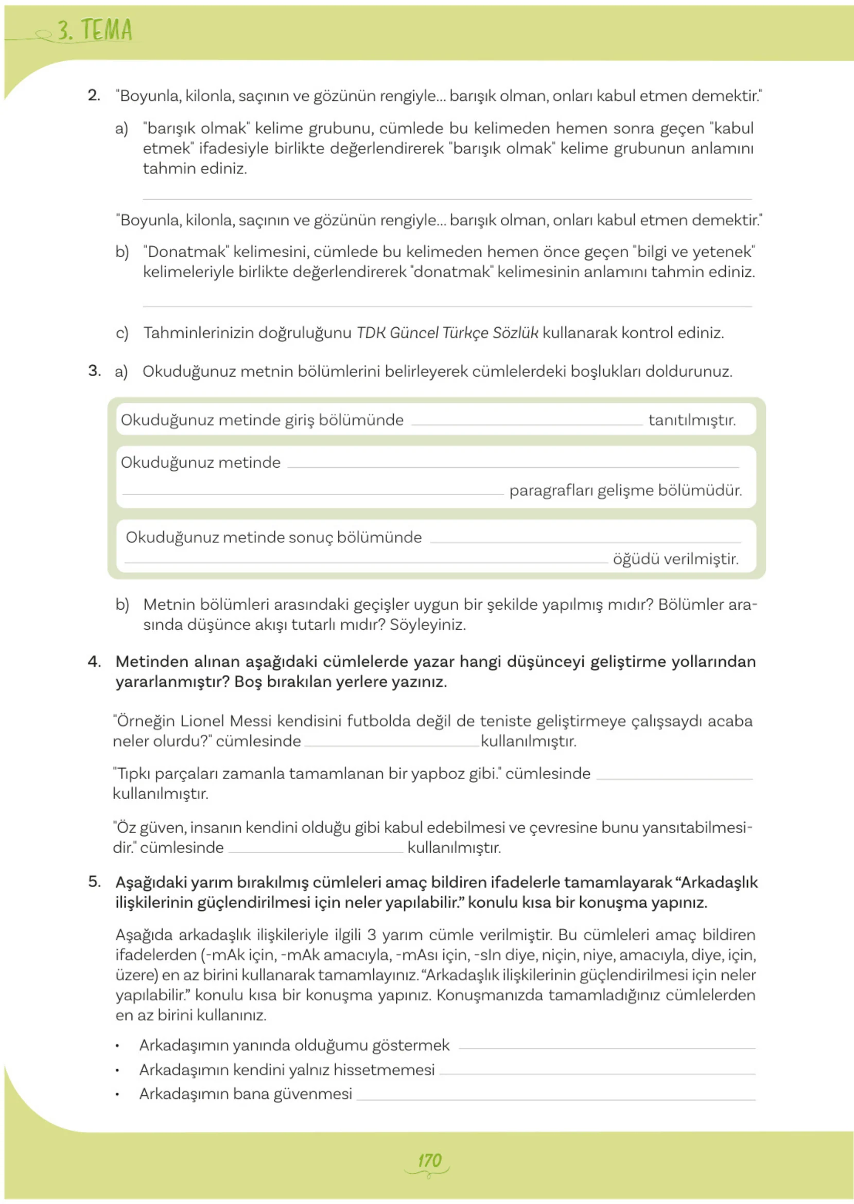 5. Sınıf Türkçe Ders Kitabı Cevapları Meb Yayınları 1. Kitap Sayfa 170