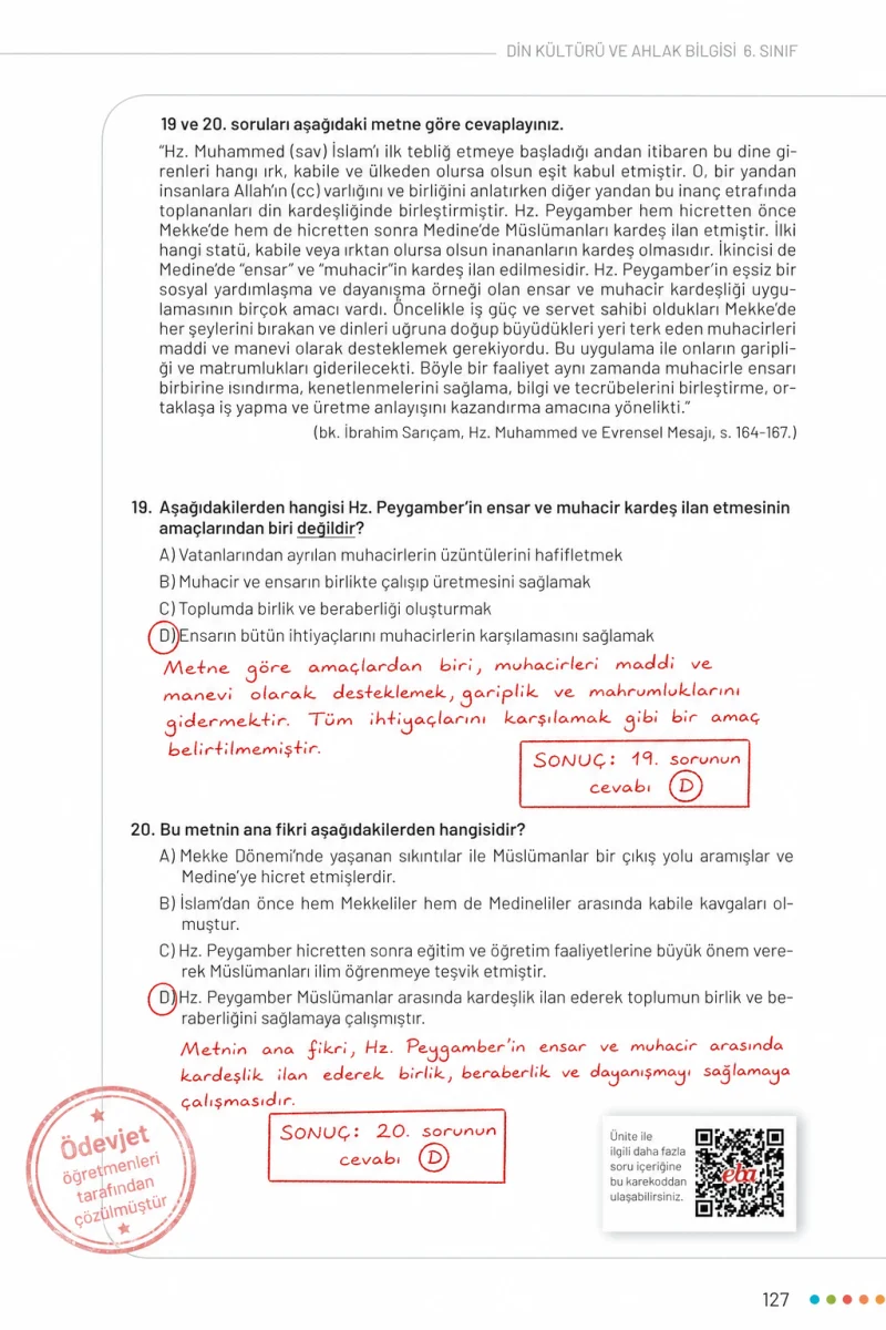 6. Sınıf Din Kültürü ve Ahlak Bilgisi Ders Kitabı Cevapları Meb Yayınları Sayfa 127 Çözüm Görseli