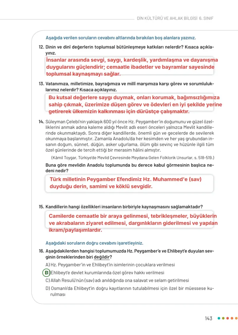6. Sınıf Din Kültürü ve Ahlak Bilgisi Ders Kitabı Cevapları Meb Yayınları Sayfa 143 Çözüm Görseli