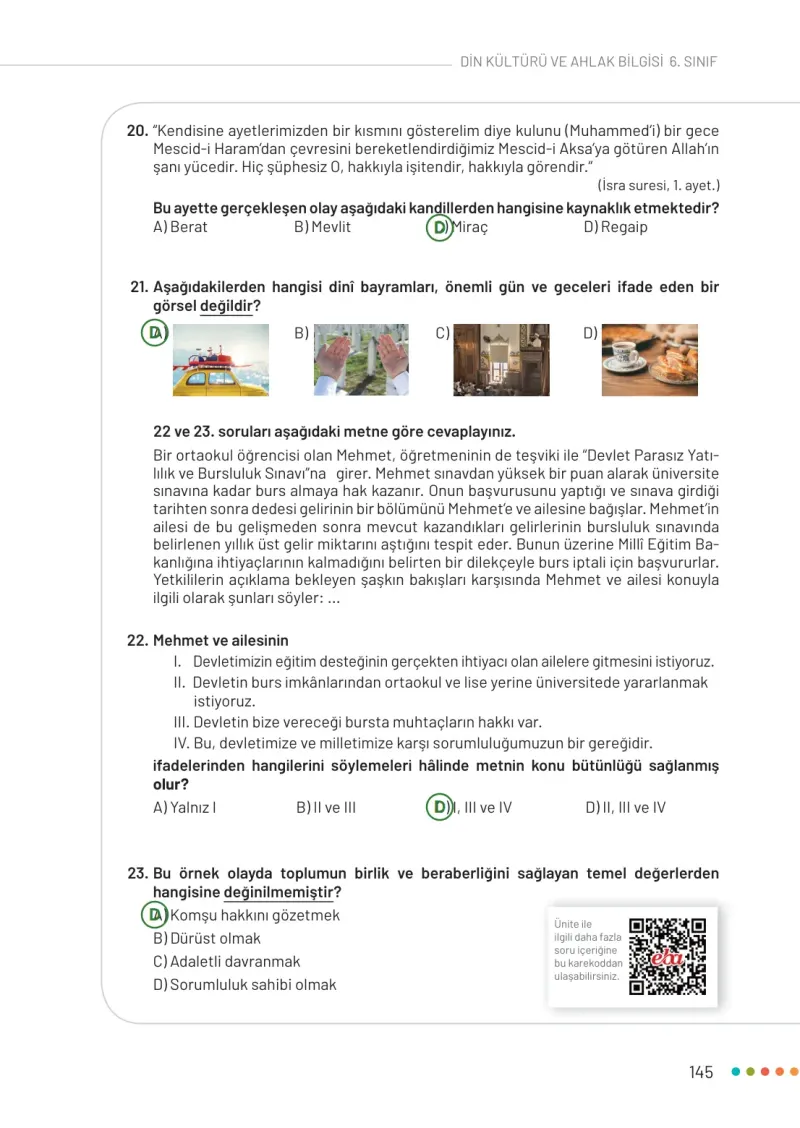 6. Sınıf Din Kültürü ve Ahlak Bilgisi Ders Kitabı Cevapları Meb Yayınları Sayfa 145 Çözüm Görseli