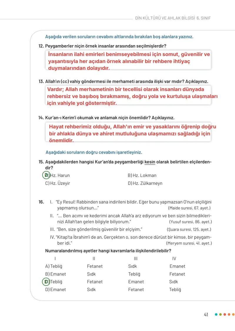 6. Sınıf Din Kültürü ve Ahlak Bilgisi Ders Kitabı Cevapları Meb Yayınları Sayfa 41 Çözüm Görseli