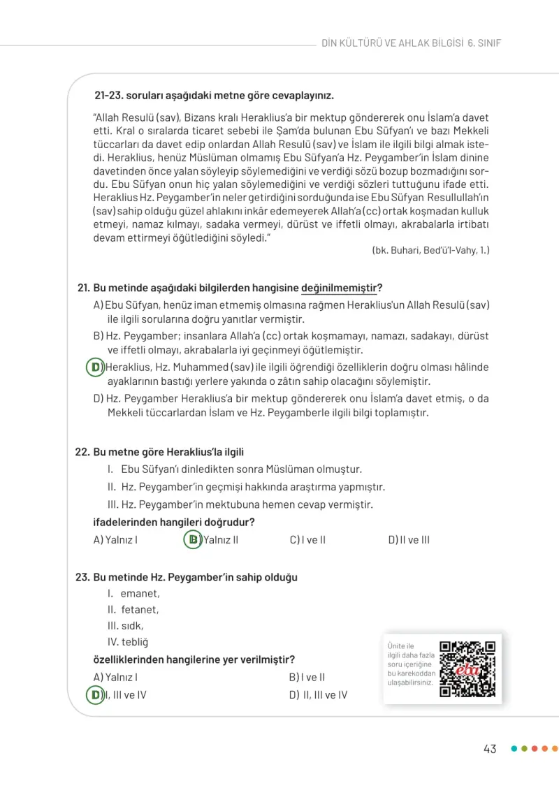 6. Sınıf Din Kültürü ve Ahlak Bilgisi Ders Kitabı Cevapları Meb Yayınları Sayfa 43 Çözüm Görseli