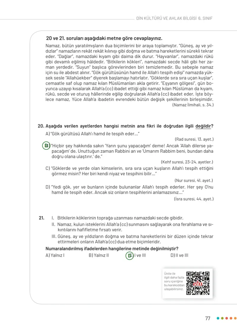 6. Sınıf Din Kültürü ve Ahlak Bilgisi Ders Kitabı Cevapları Meb Yayınları Sayfa 77 Çözüm Görseli