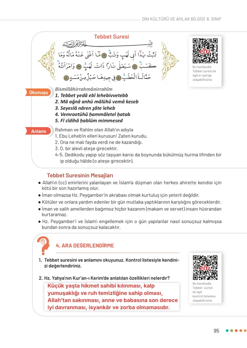 6. Sınıf Din Kültürü ve Ahlak Bilgisi Ders Kitabı Cevapları Meb Yayınları Sayfa 95 Çözüm Görseli