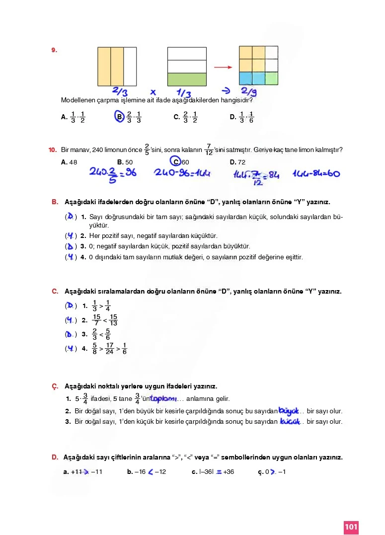 6. Sınıf Matematik Ders Kitabı Cevapları Koza Yayınları Sayfa 101 Çözüm Görseli