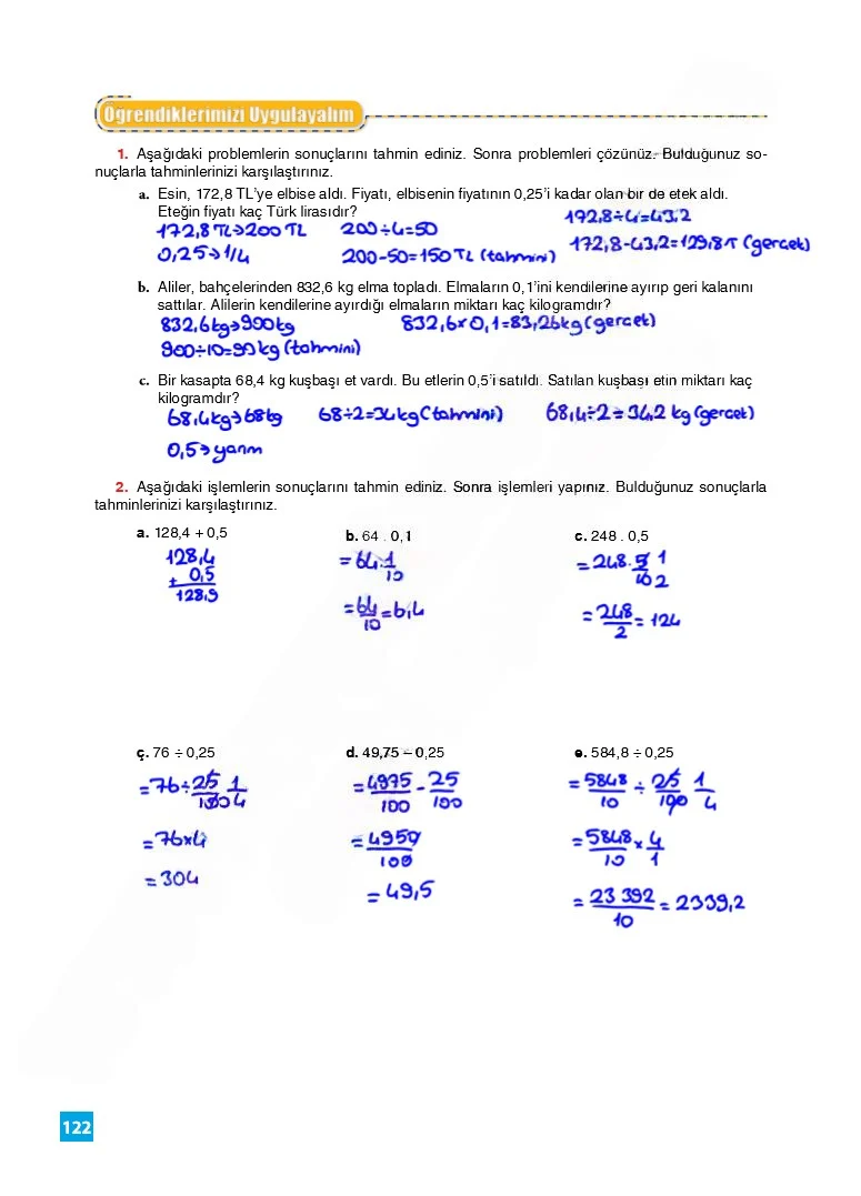 6. Sınıf Matematik Ders Kitabı Cevapları Koza Yayınları Sayfa 122 Çözüm Görseli