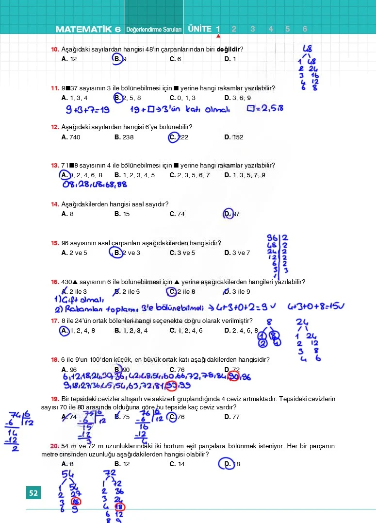 6. Sınıf Matematik Ders Kitabı Cevapları Koza Yayınları Sayfa 52 Çözüm Görseli