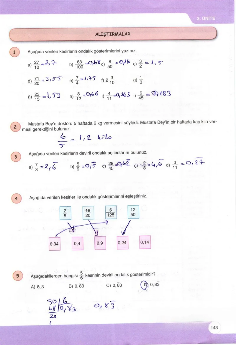 6. Sınıf Matematik Ders Kitabı Cevapları Öğün Yayınlar Sayfa 143 Çözüm Görseli