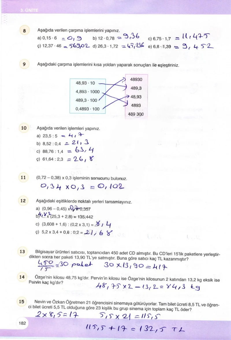 6. Sınıf Matematik Ders Kitabı Cevapları Öğün Yayınlar Sayfa 182 Çözüm Görseli