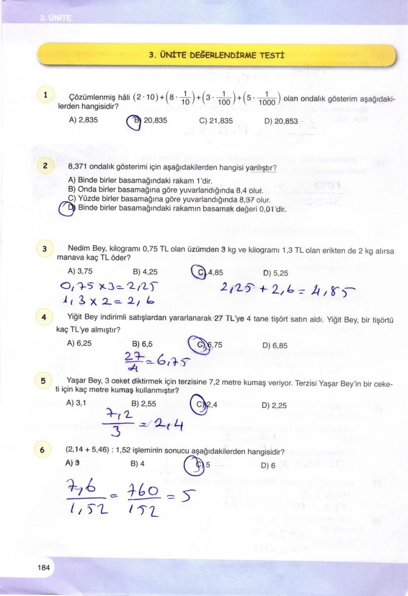 6. Sınıf Matematik Ders Kitabı Cevapları Öğün Yayınlar Sayfa 184 Çözüm Görseli