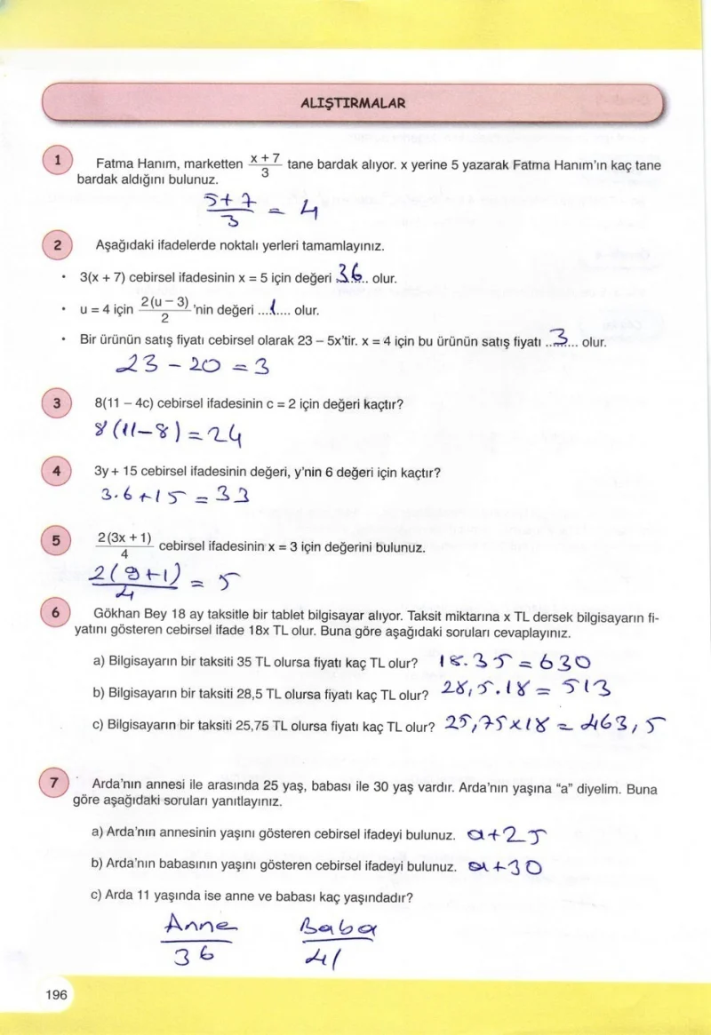 6. Sınıf Matematik Ders Kitabı Cevapları Öğün Yayınlar Sayfa 196 Çözüm Görseli