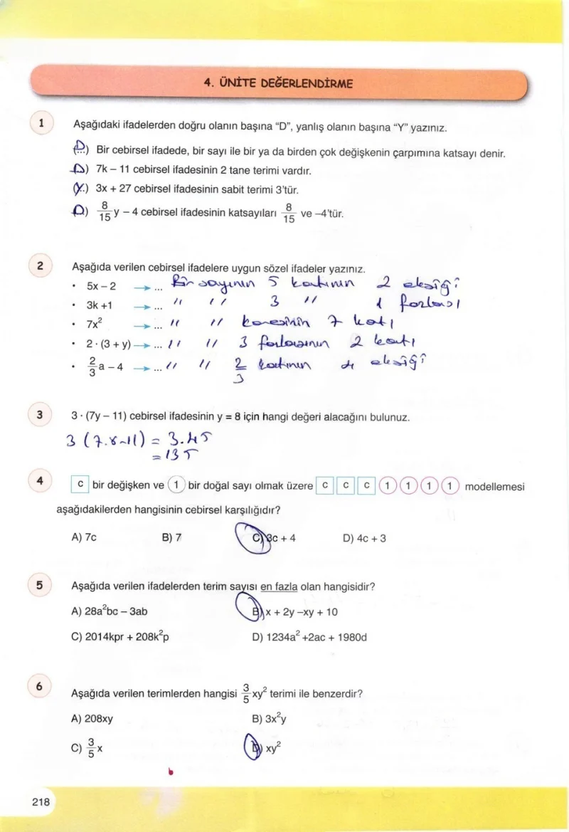 6. Sınıf Matematik Ders Kitabı Cevapları Öğün Yayınlar Sayfa 218 Çözüm Görseli