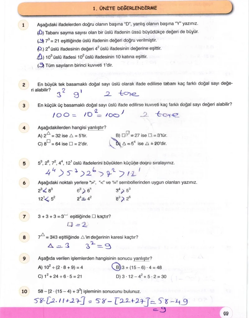 6. Sınıf Matematik Ders Kitabı Cevapları Öğün Yayınlar Sayfa 69 Çözüm Görseli