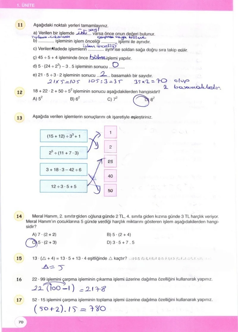 6. Sınıf Matematik Ders Kitabı Cevapları Öğün Yayınlar Sayfa 70 Çözüm Görseli