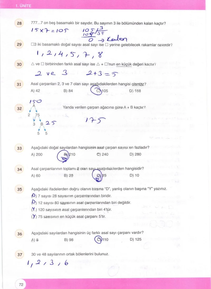 6. Sınıf Matematik Ders Kitabı Cevapları Öğün Yayınlar Sayfa 72 Çözüm Görseli