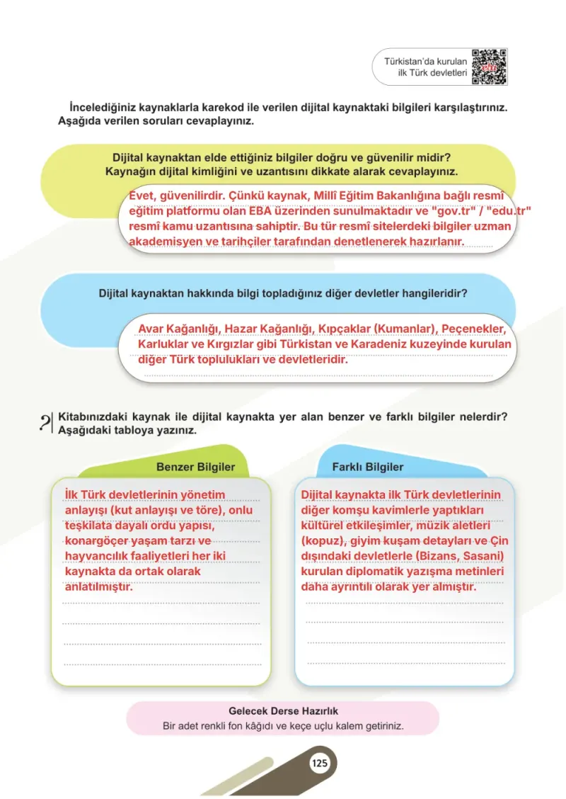 6. Sınıf Sosyal Bilgiler Ders Kitabı Cevapları Meb Yayınları 1. Kitap Sayfa 125 Çözüm Görseli