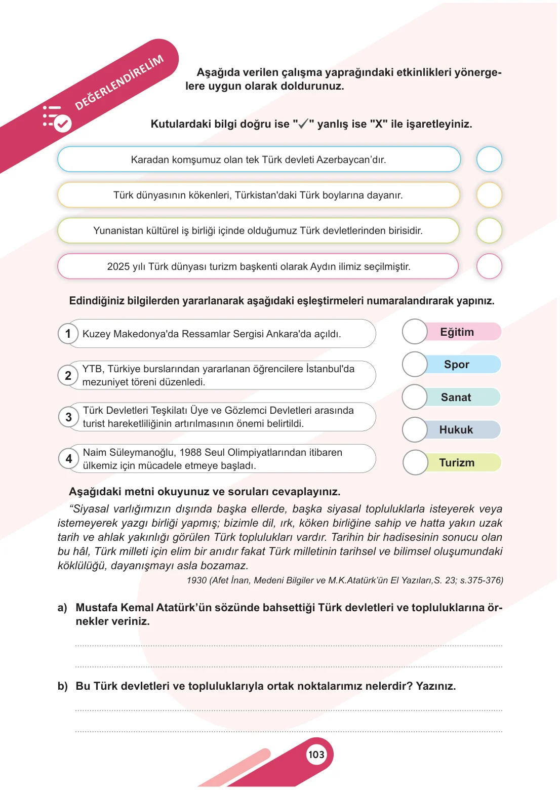 6. Sınıf Sosyal Bilgiler Ders Kitabı Cevapları Meb Yayınları 1. Kitap Sayfa 103