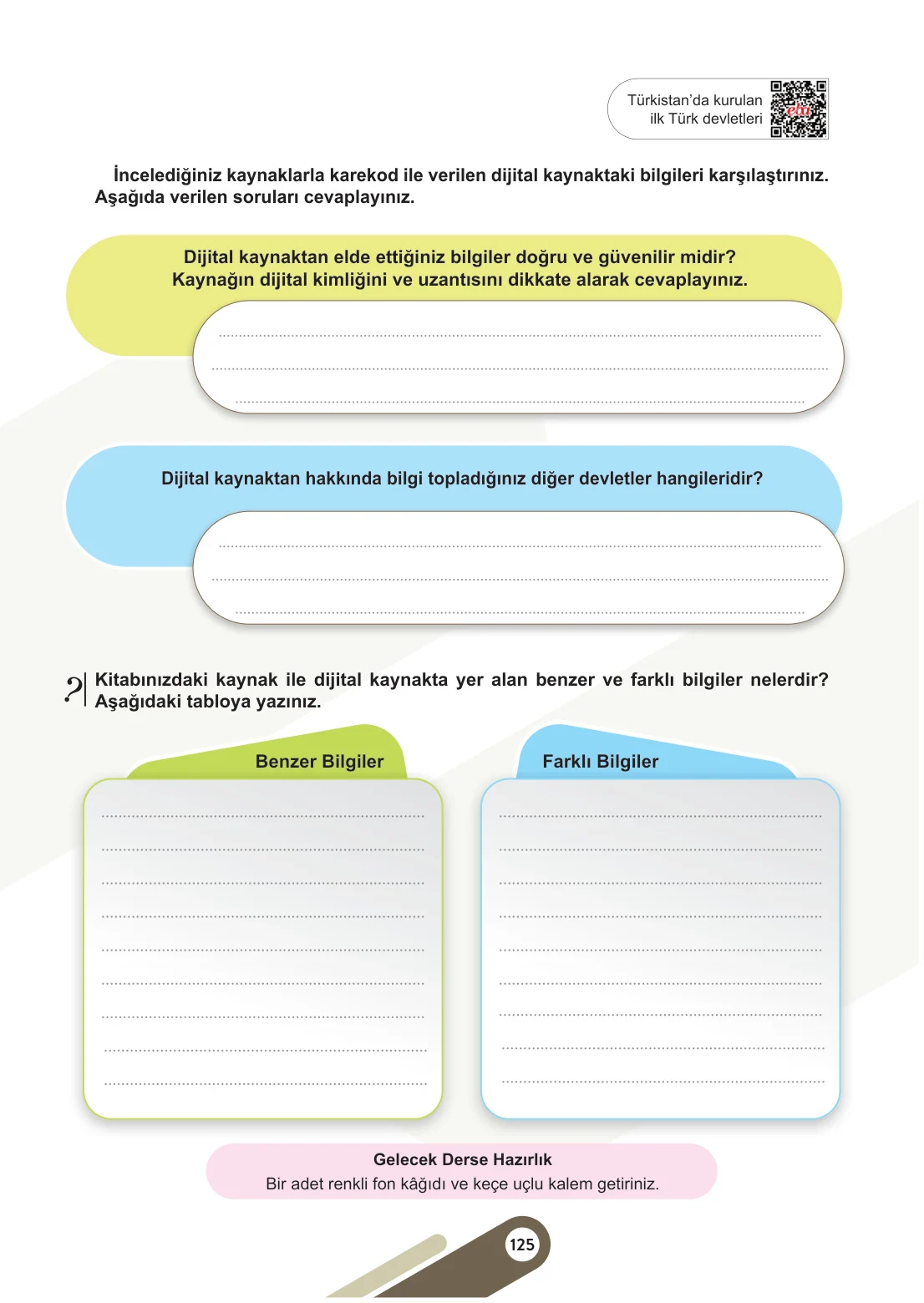 6. Sınıf Sosyal Bilgiler Ders Kitabı Cevapları Meb Yayınları 1. Kitap Sayfa 125