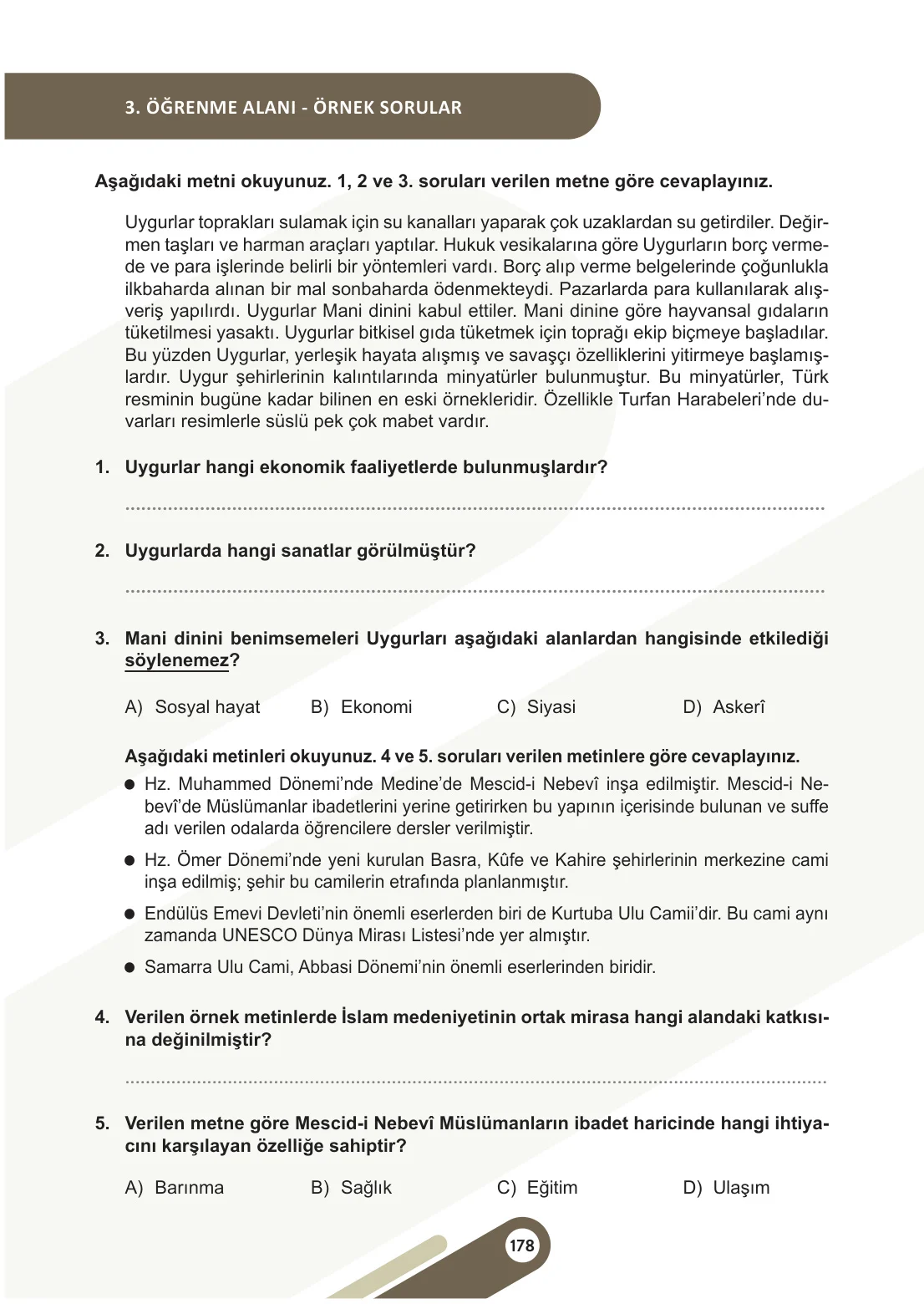 6. Sınıf Sosyal Bilgiler Ders Kitabı Cevapları Meb Yayınları 1. Kitap Sayfa 178