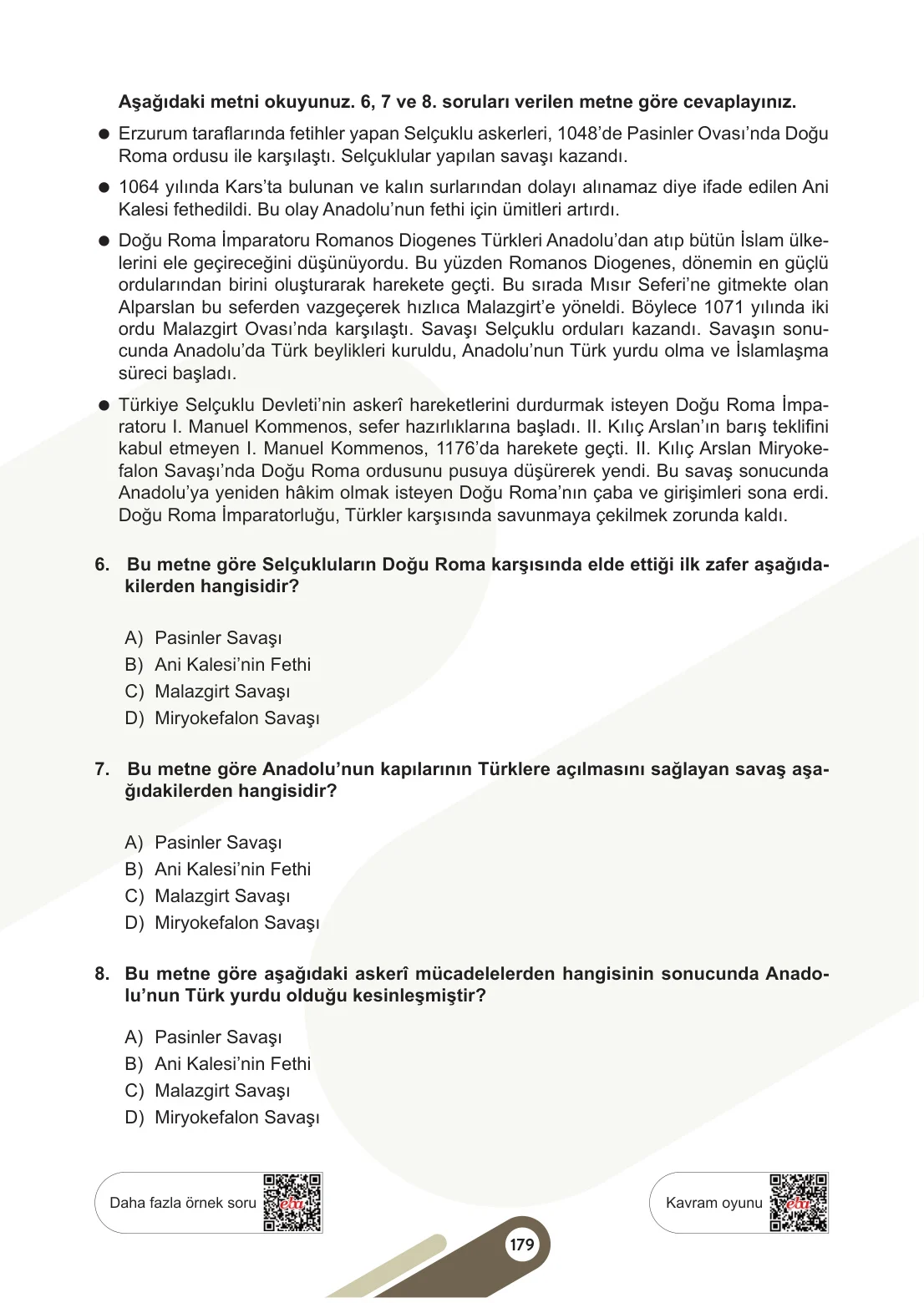 6. Sınıf Sosyal Bilgiler Ders Kitabı Cevapları Meb Yayınları 1. Kitap Sayfa 179