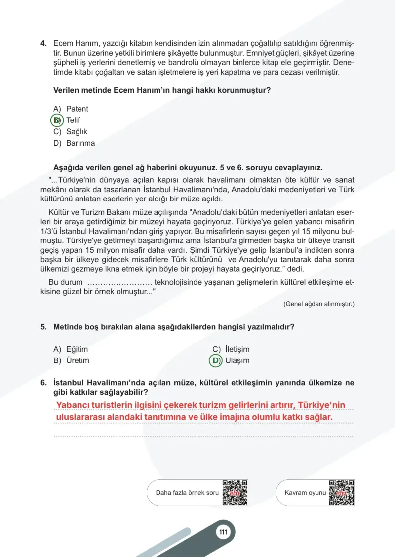 6. Sınıf Sosyal Bilgiler Ders Kitabı Cevapları Meb Yayınları 2. Kitap Sayfa 111 Çözüm Görseli