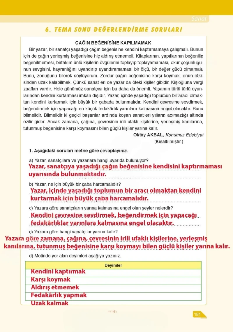 6. Sınıf Türkçe Ders Kitabı Cevapları Ata Yayınları Sayfa 181 Çözüm Görseli
