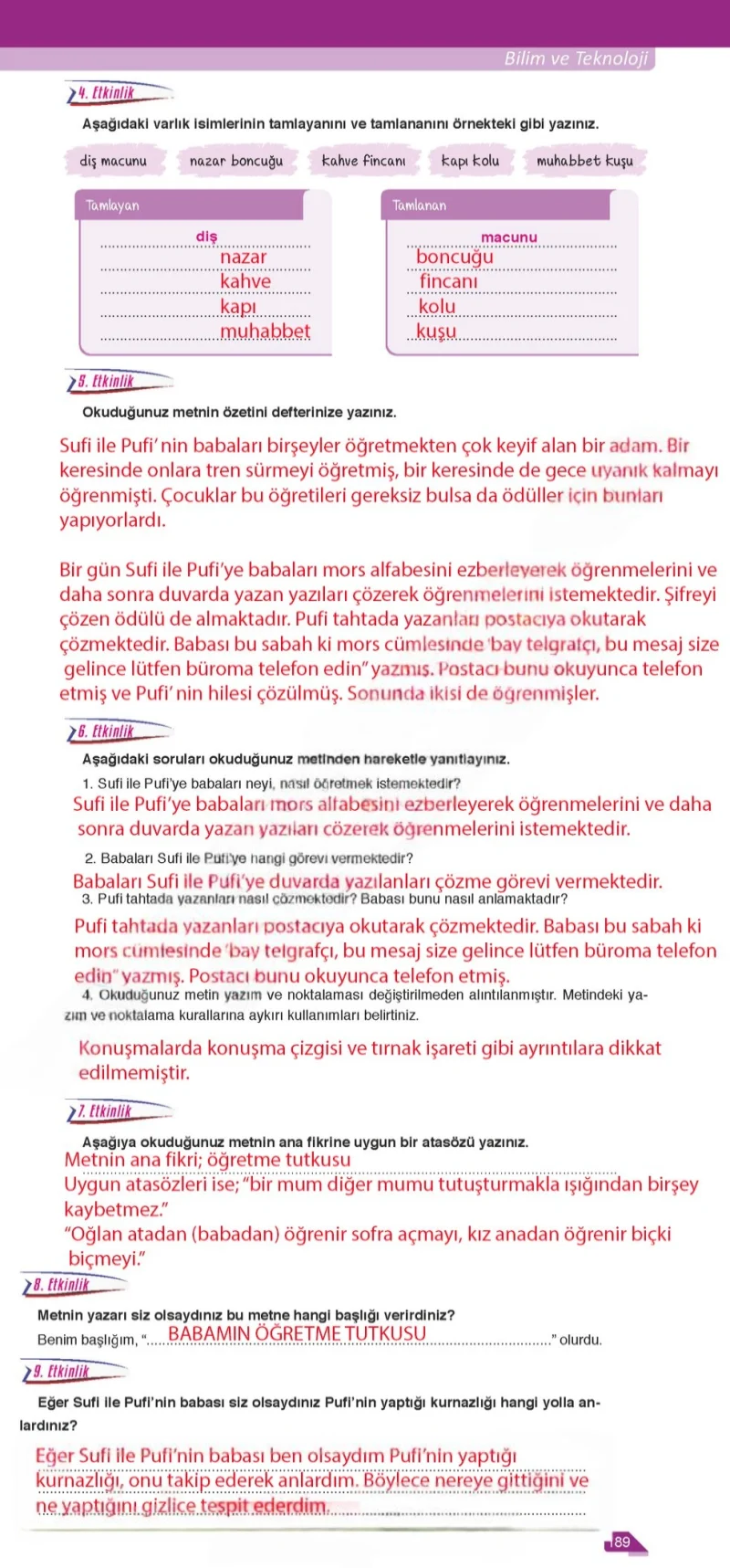 6. Sınıf Türkçe Ders Kitabı Cevapları Ata Yayınları Sayfa 189 Çözüm Görseli