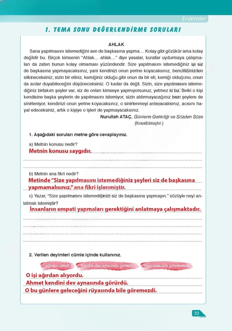 6. Sınıf Türkçe Ders Kitabı Cevapları Ata Yayınları Sayfa 33 Çözüm Görseli