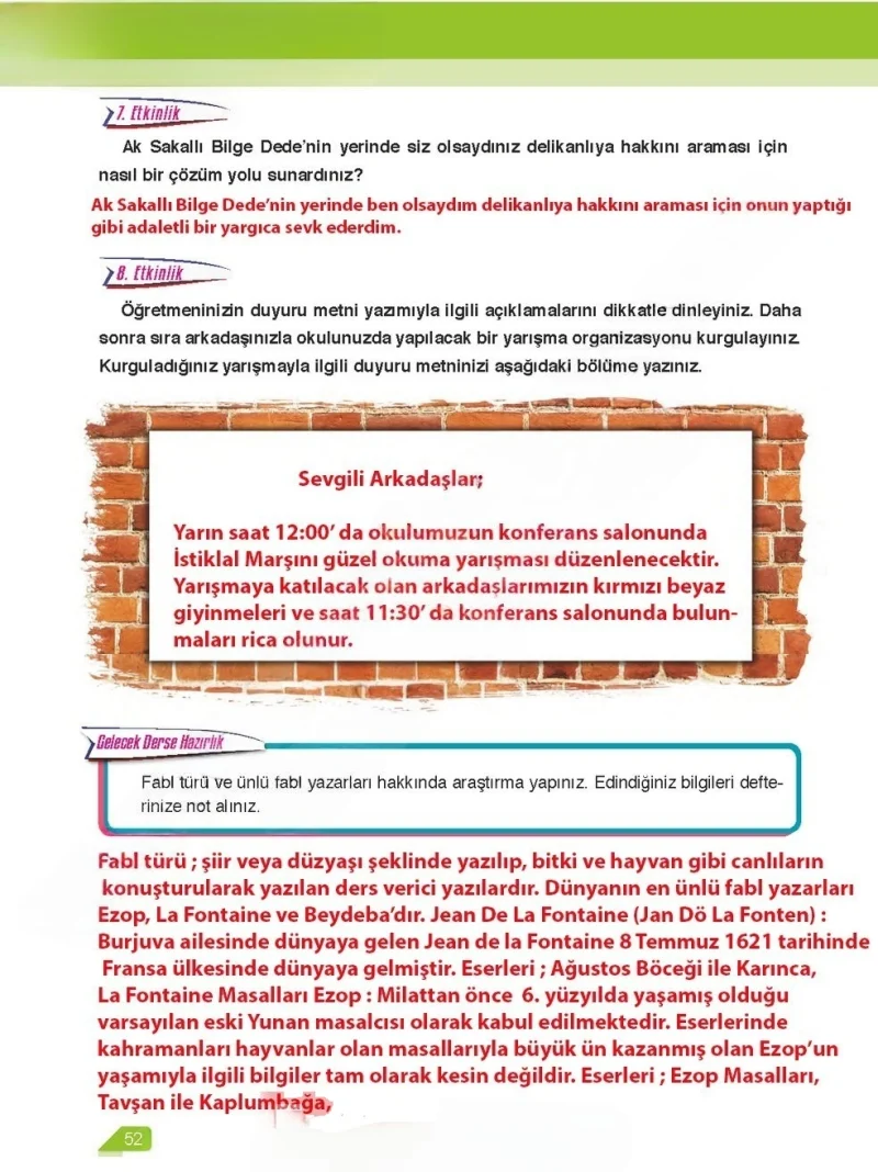 6. Sınıf Türkçe Ders Kitabı Cevapları Ata Yayınları Sayfa 52 Çözüm Görseli