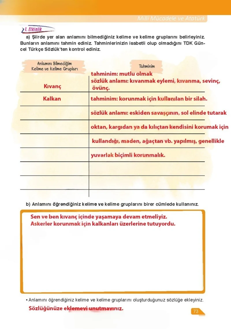 6. Sınıf Türkçe Ders Kitabı Cevapları Ata Yayınları Sayfa 73 Çözüm Görseli
