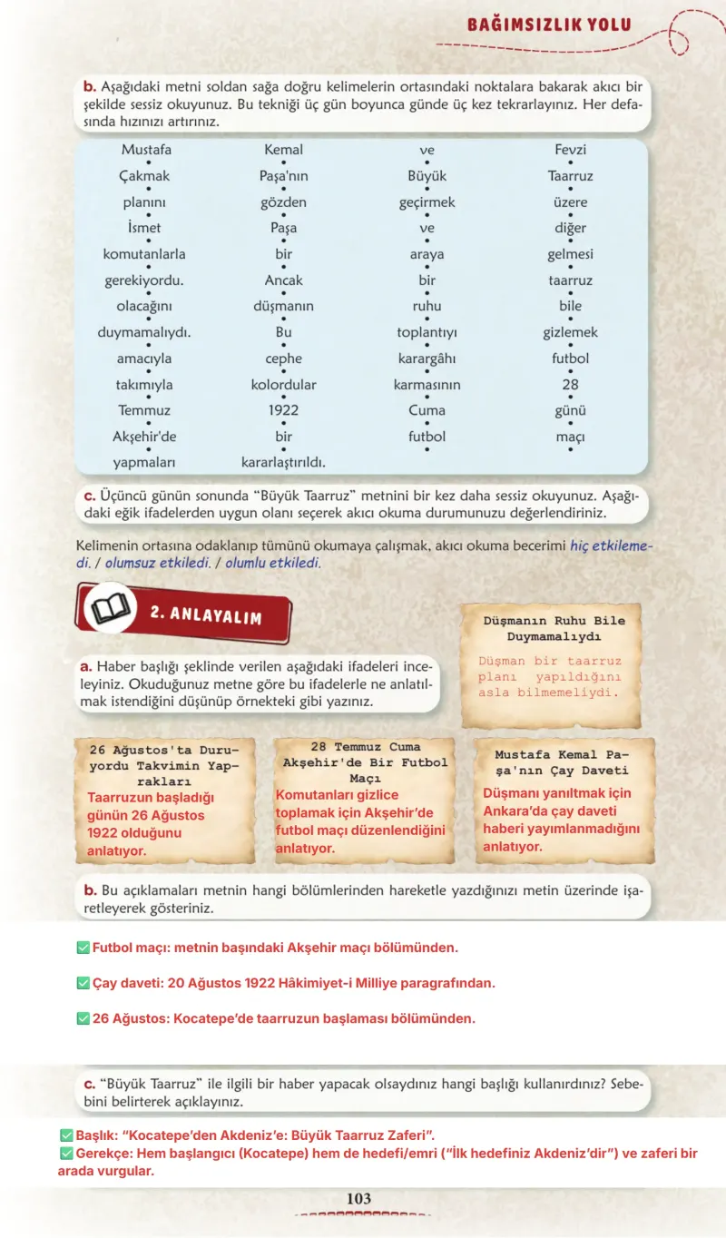 6. Sınıf Türkçe Ders Kitabı Cevapları Meb Yayınları 1. Kitap Sayfa 103 Çözüm Görseli