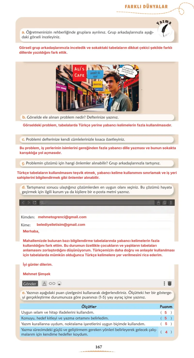 6. Sınıf Türkçe Ders Kitabı Cevapları Meb Yayınları 1. Kitap Sayfa 167 Çözüm Görseli