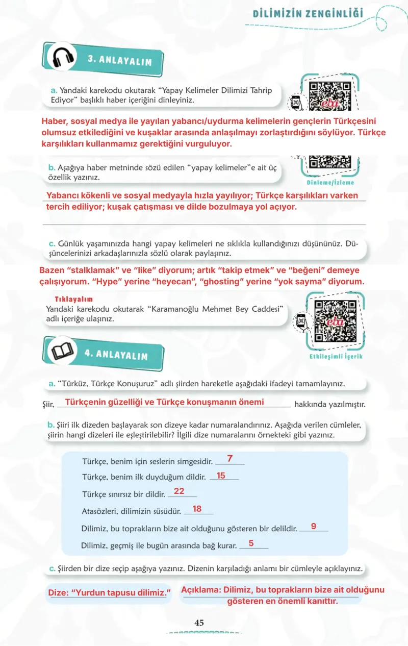 6. Sınıf Türkçe Ders Kitabı Cevapları Meb Yayınları 1. Kitap Sayfa 45 Çözüm Görseli
