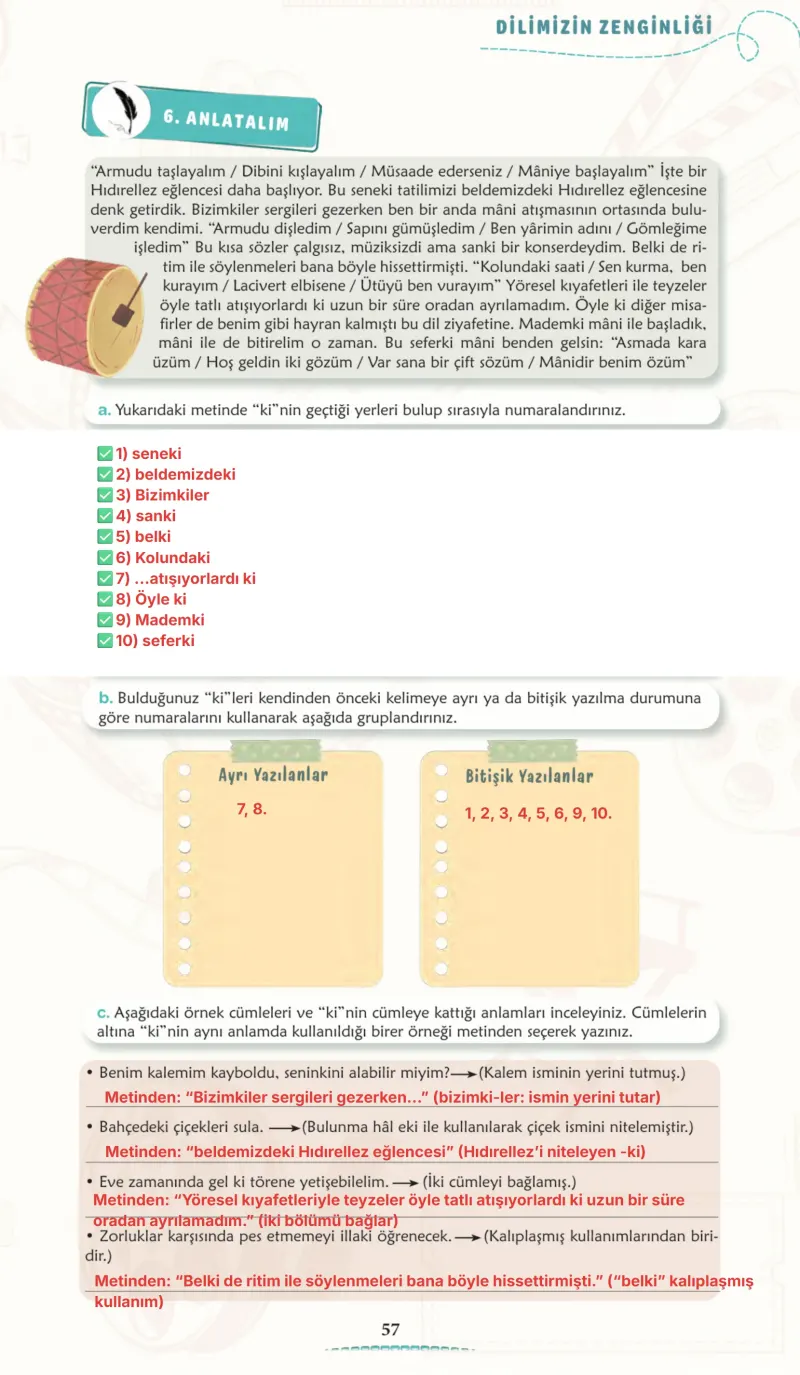 6. Sınıf Türkçe Ders Kitabı Cevapları Meb Yayınları 1. Kitap Sayfa 57 Çözüm Görseli