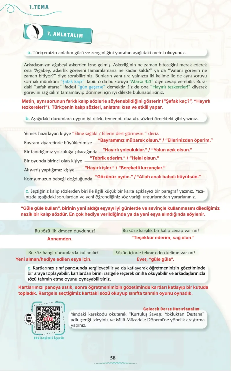 6. Sınıf Türkçe Ders Kitabı Cevapları Meb Yayınları 1. Kitap Sayfa 58 Çözüm Görseli