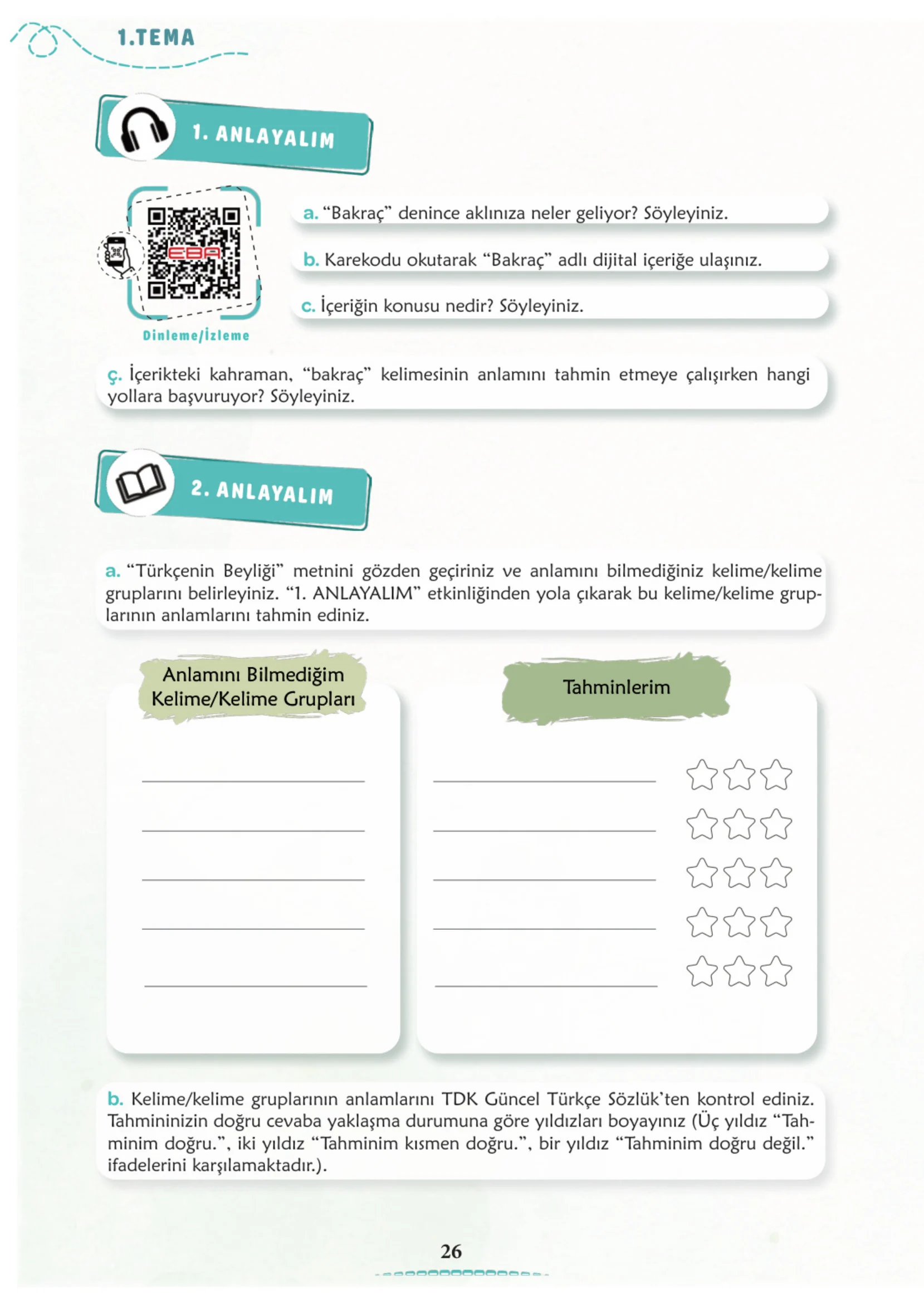 6. Sınıf Türkçe Ders Kitabı Cevapları Meb Yayınları 1. Kitap Sayfa 26