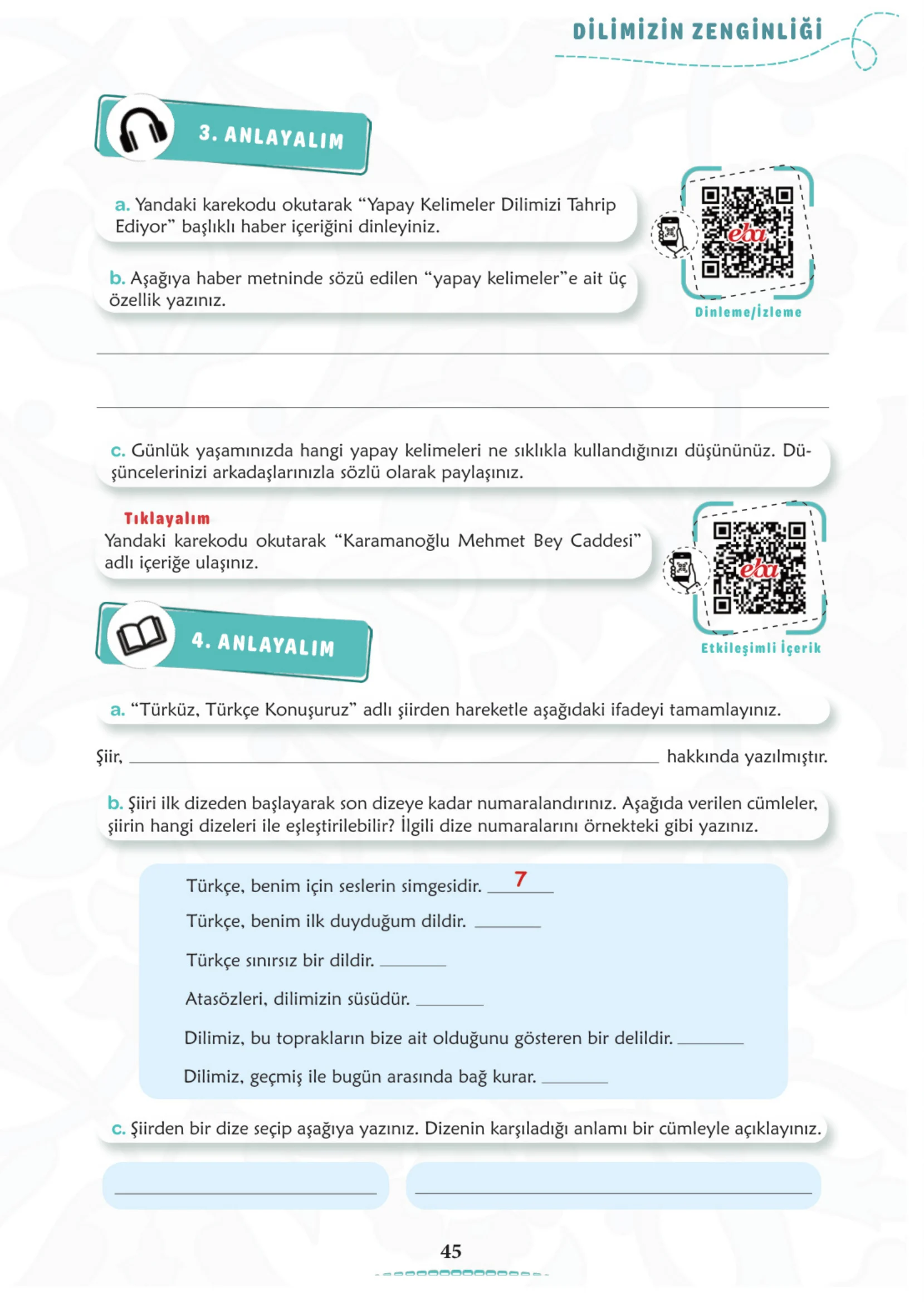 6. Sınıf Türkçe Ders Kitabı Cevapları Meb Yayınları 1. Kitap Sayfa 45