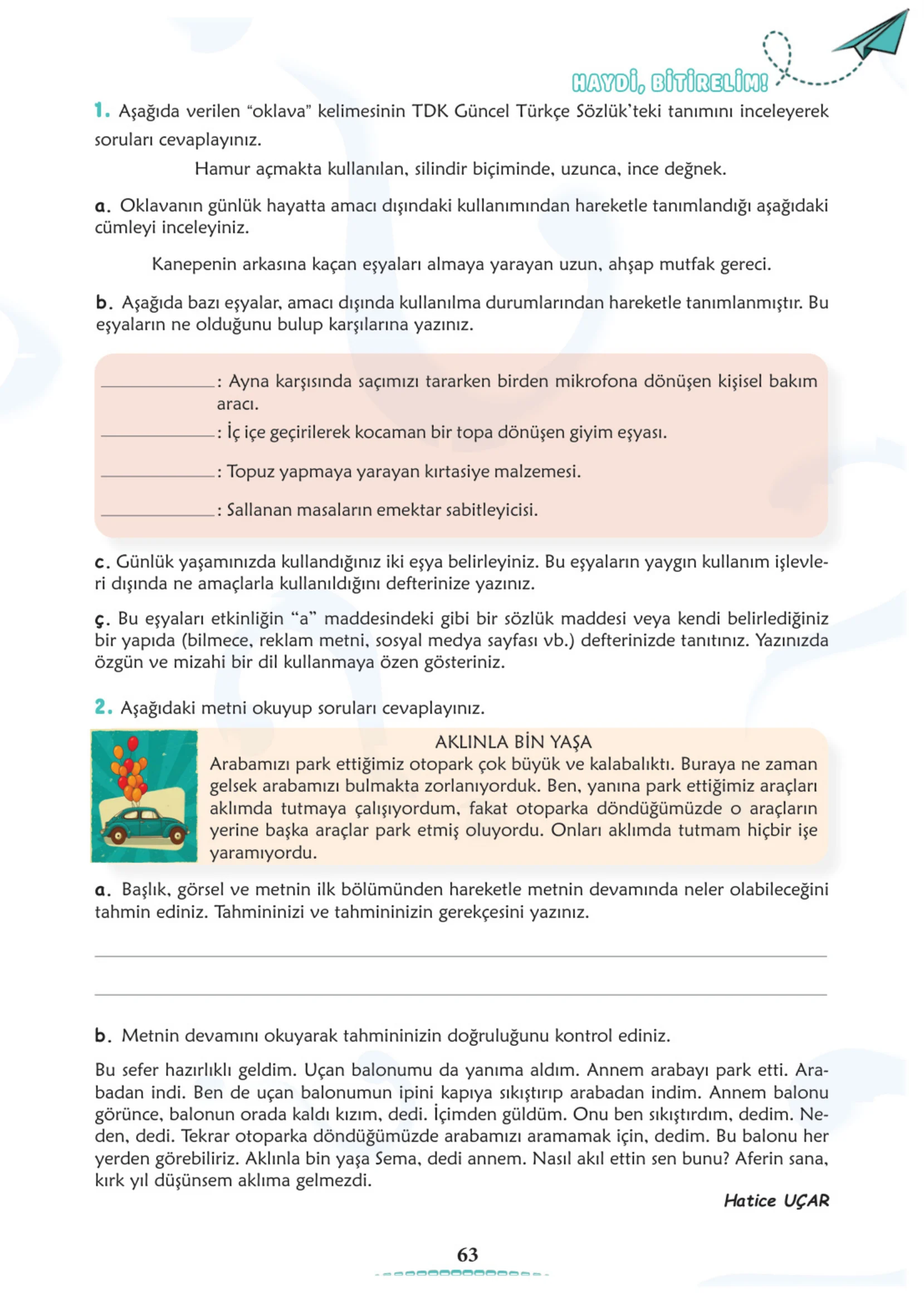 6. Sınıf Türkçe Ders Kitabı Cevapları Meb Yayınları 1. Kitap Sayfa 63