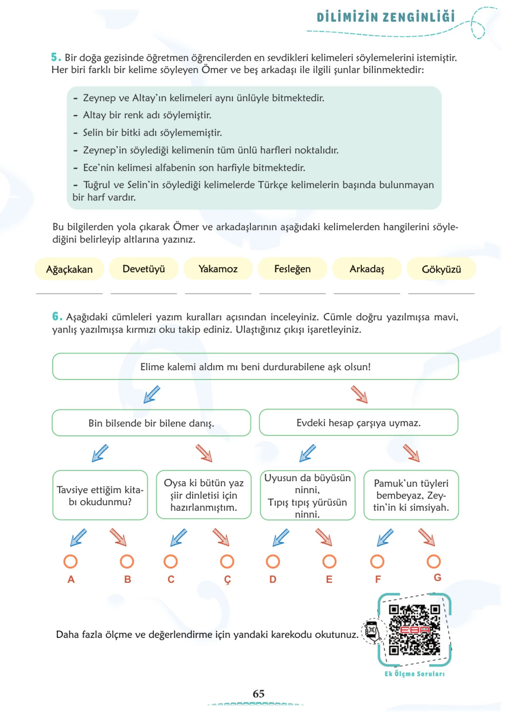 6. Sınıf Türkçe Ders Kitabı Cevapları Meb Yayınları 1. Kitap Sayfa 65