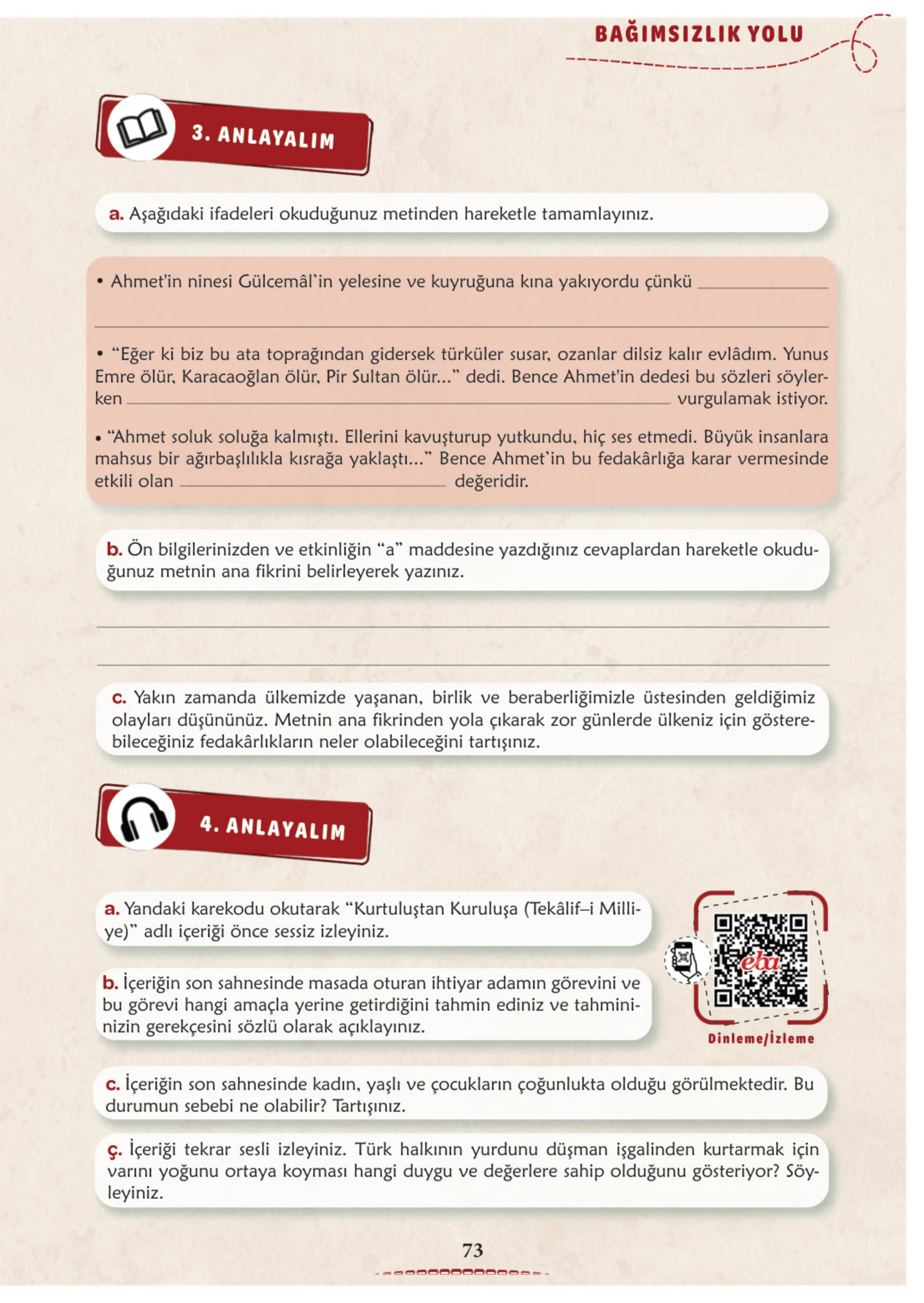 6. Sınıf Türkçe Ders Kitabı Cevapları Meb Yayınları 1. Kitap Sayfa 73