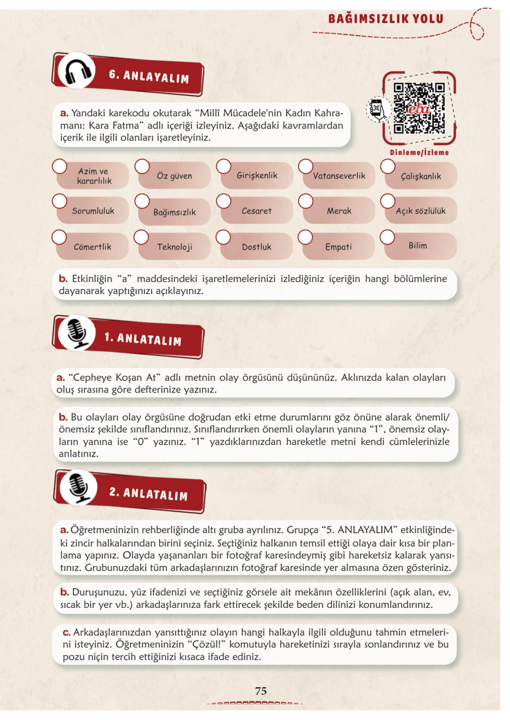 6. Sınıf Türkçe Ders Kitabı Cevapları Meb Yayınları 1. Kitap Sayfa 75