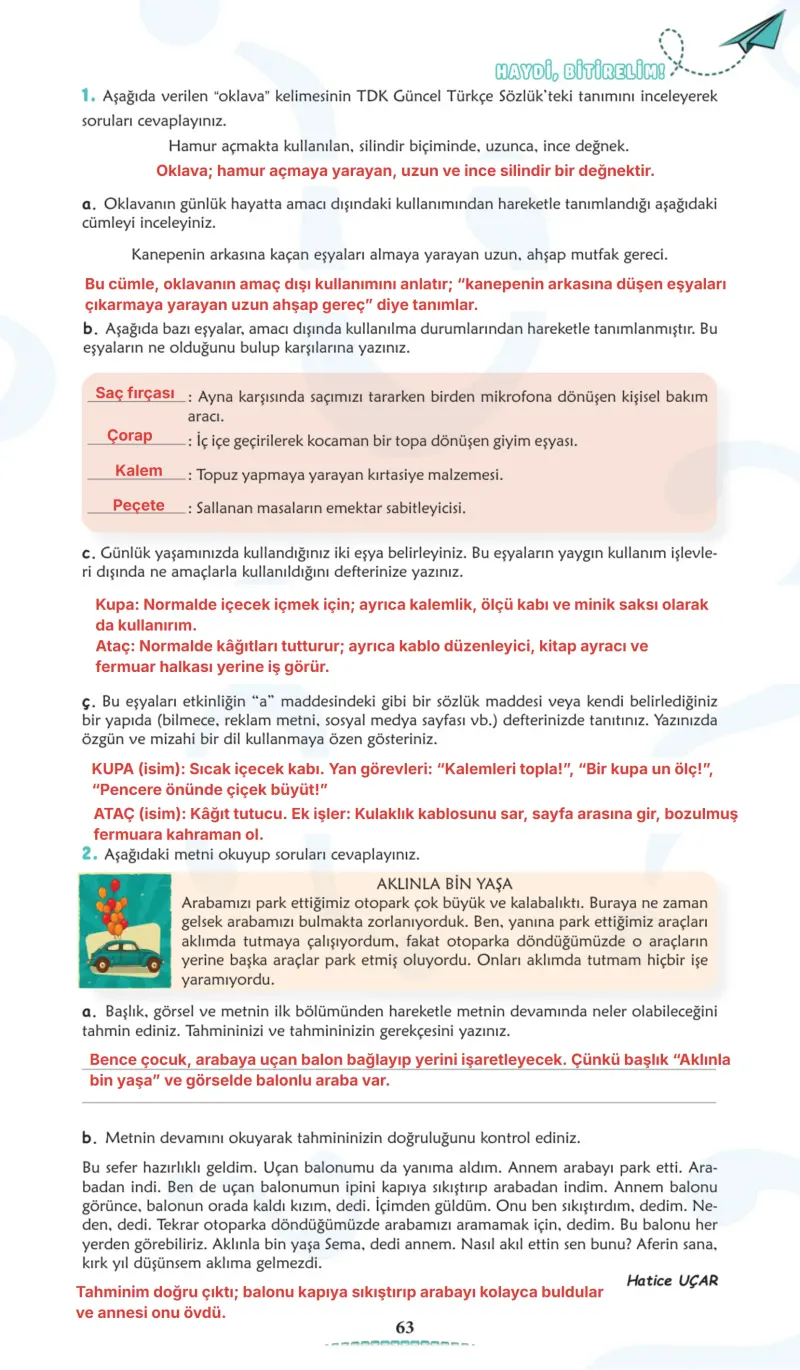 6. Sınıf Türkçe Ders Kitabı Cevapları Meb Yayınları 1. Kitap Sayfa 63 Çözüm Görseli