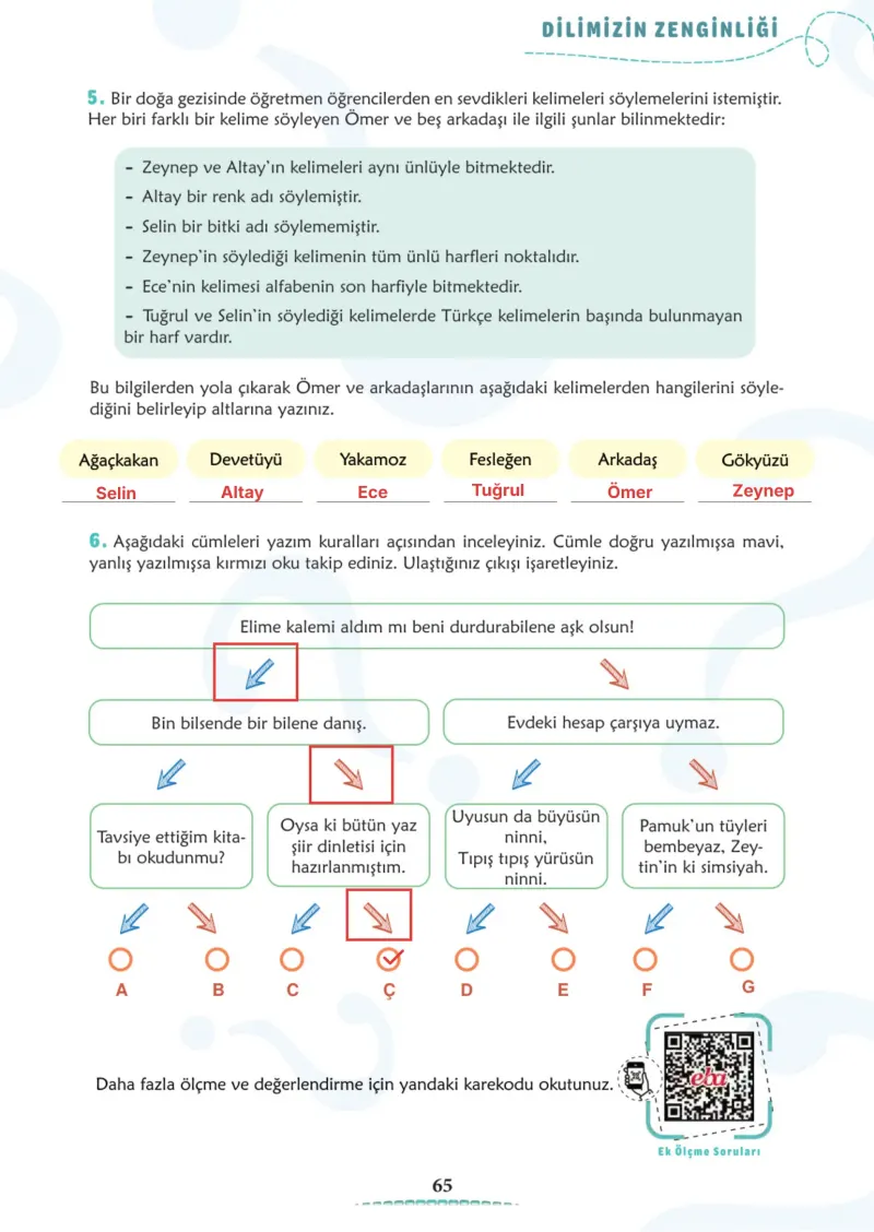 6. Sınıf Türkçe Ders Kitabı Cevapları Meb Yayınları 1. Kitap Sayfa 65 Çözüm Görseli