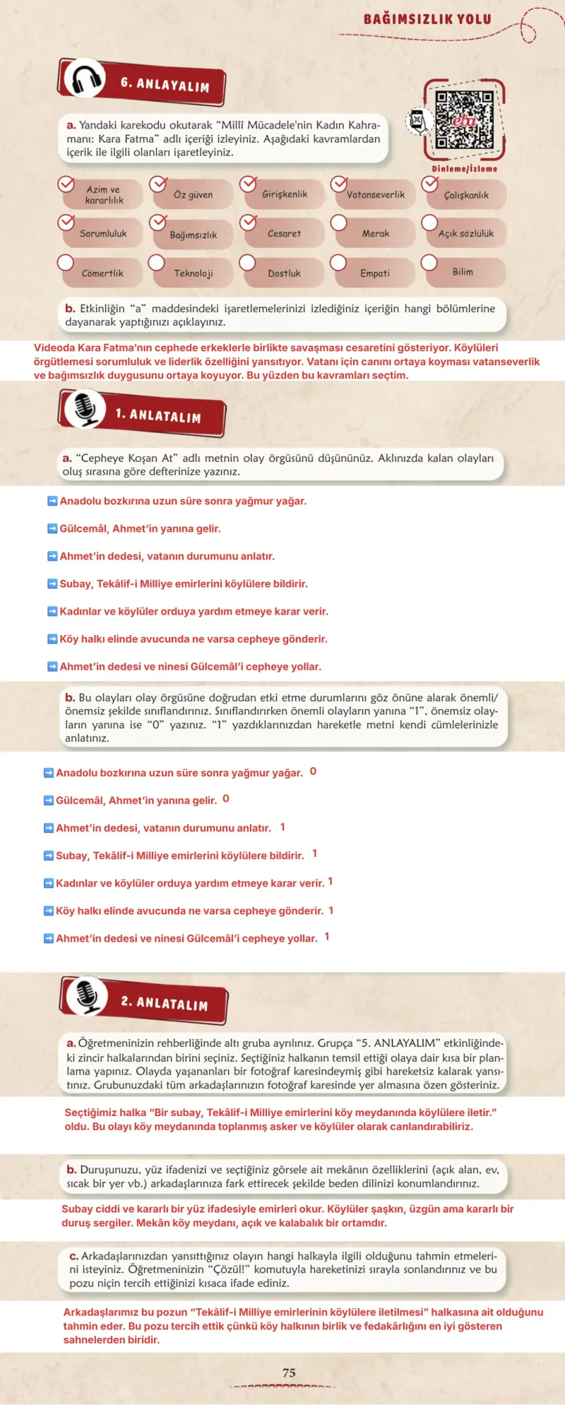 6. Sınıf Türkçe Ders Kitabı Cevapları Meb Yayınları 1. Kitap Sayfa 75 Çözüm Görseli